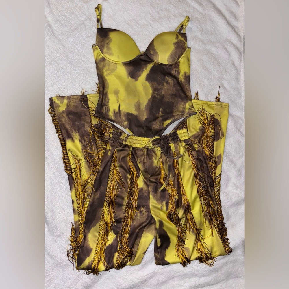 Yellow and Brown Fringe Two-Piece Set